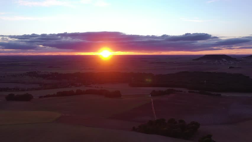 Golden Sunset Over Vast Rural Plateau in Central Spain, Aerial Drone Shot