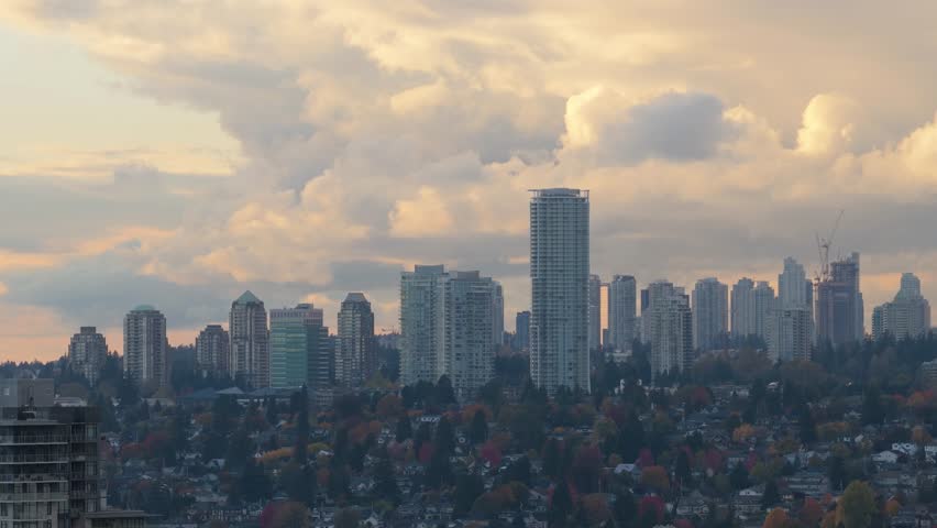 New Westminster City Skyline at Sunset with Autumn Colors in British Columbia, Canada