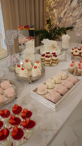 Luxurious dessert table decorated for celebration. Candy bar concept.