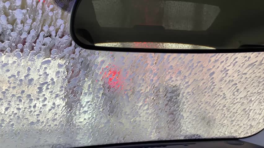 View of windshield covered in soap suds during a cycle at automated carwash, Quebec City, Quebec Canada