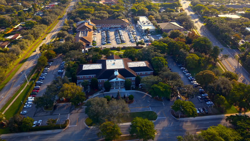 Plantation Florida USA. Aerial view of city hall and police department