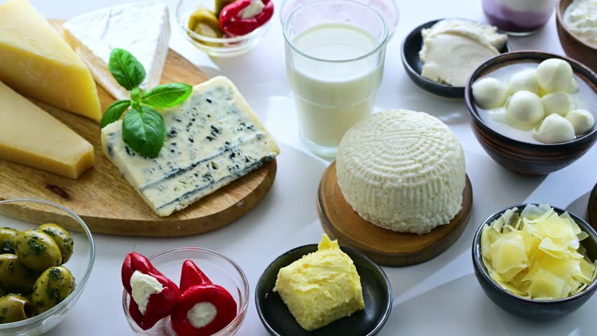 A variety of dairy products including cheese, milk and yogurt.
