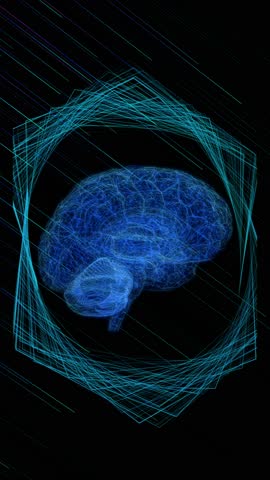 3d human brain rotates inside a geometric sound wave on a black background