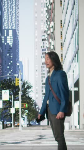 Vertical Video Theft in downtown street as a man grabs handbag from gen z female victim, bystanders remain passive ignoring the illegal wrongdoing in a big city. Street crime and vulnerability. Camera