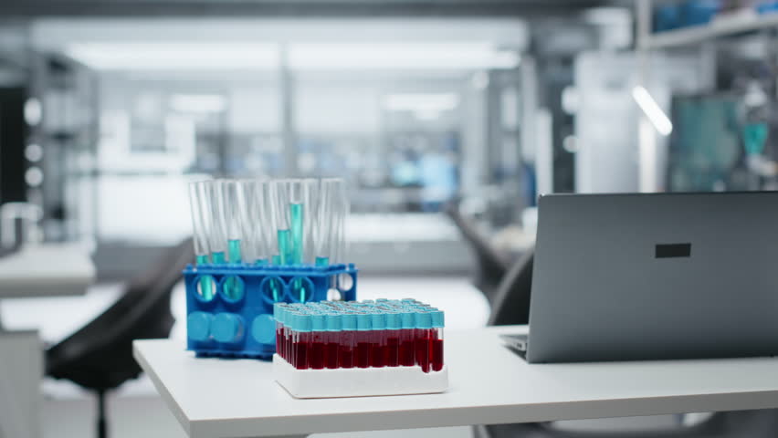 Close up of laptop on laboratory workbench next to scientific microscope and blue liquid samples. Research station prepared for analyzing experimental data from chemical solution tests