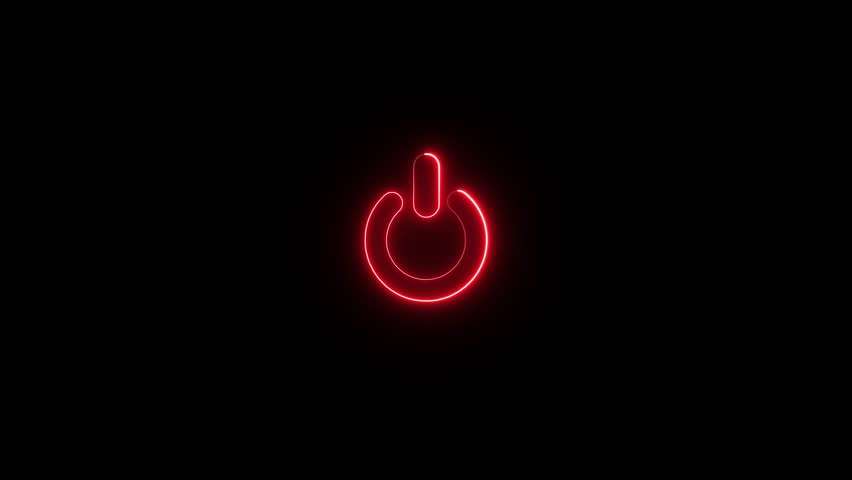 Neon power button animation. Startup power button. Glowing power button icon animation on a black background. 