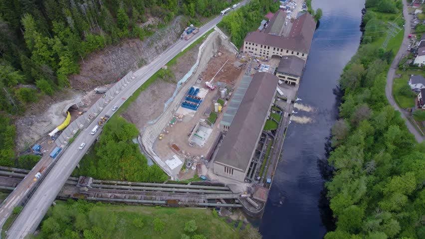 Aerial panorama view above the Schwarzenbach power station  in the black forest in Germany on a cloudy spring day. 