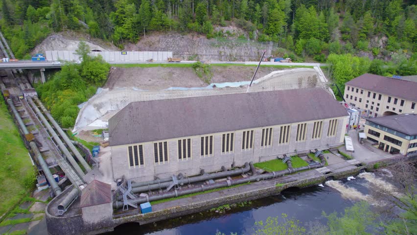 Aerial panorama view above the Schwarzenbach power station  in the black forest in Germany on a cloudy spring day. 