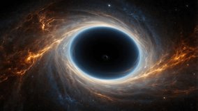 This astronomy-themed digital art illustration depicts a massive black hole at the center of a galaxy. Its main structure consists of a pitch-black event horizon in the center, surrounded by a rapidly - Powered by Shutterstock - Get 15% off with code: PIKWIZARD15