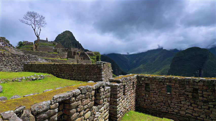 Shihuahuaco tree Machu Picchu sunny blue sky clouds morning Peru Perú aerial drone mount Huayna Picchu rainy season lush green Peruvian Andes Inca Temple Sanctuary jungle stone work terrace static