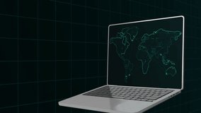 Perspective view of a laptop screen showing a futuristic glowing teal world map for global data analysis concepts. - Powered by Shutterstock - Get 15% off with code: PIKWIZARD15