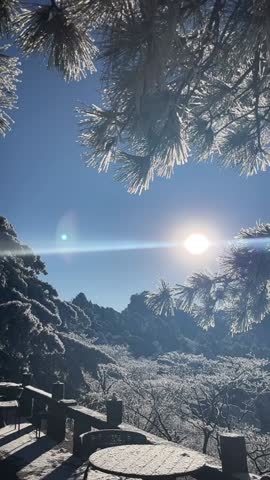 Vertical 1080p video of a bright winter sunrise shining through frozen pine tree branches covered in white rime ice. The sun creates a dramatic lens flare (starburst) effect against a clear blue sky. In the background, rugged mountain peaks and a stone railing are visible. Concept of new beginning, hope, and cold winter morning in China.