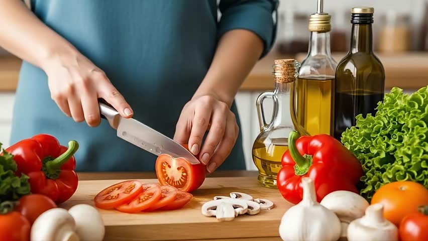 Close-up of a woman slicing fresh tomatoes on a wooden cutting board in a modern kitchen. Healthy ingredients such as bell pepper, mushrooms, lettuce, garlic, and olive oil are arranged nearby, representing home cooking, clean eating, vegetarian food, and healthy lifestyle concepts.