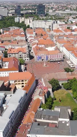 Vertical aerial drone capturing Liberty Square in the historic center of Timisoara, Romania.