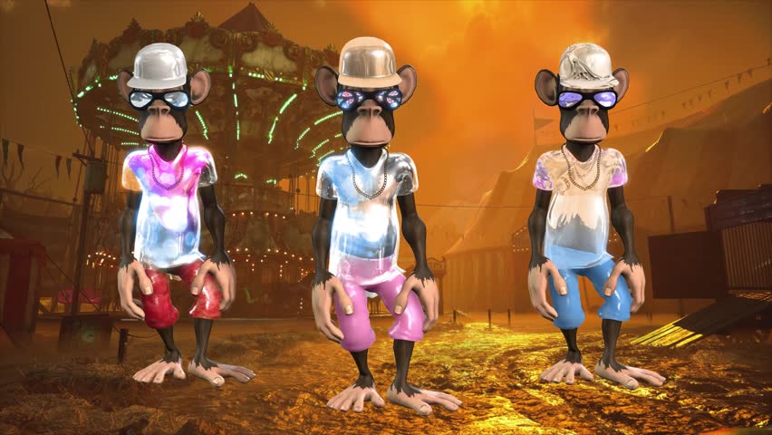 A photorealistic 3D CGI group of Cartoon Monkey Characters, dressed in streetwear and hats, performing a dynamic Dance sequence. The background is a Post-Apocalyptic, desert or orange-toned ruin scene. Captured at 60fps for smooth slow motion VFX. Ideal for gaming, music videos, social media, and retro entertainment.