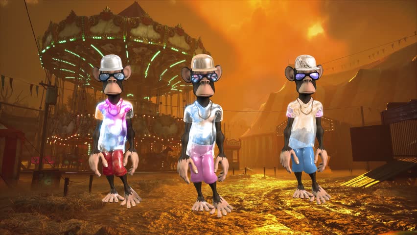 A photorealistic 3D CGI group of Cartoon Monkey Characters, dressed in streetwear and hats, performing a dynamic Dance sequence. The background is a Post-Apocalyptic, desert or orange-toned ruin scene. Captured at 60fps for smooth slow motion VFX. Ideal for gaming, music videos, social media, and retro entertainment.