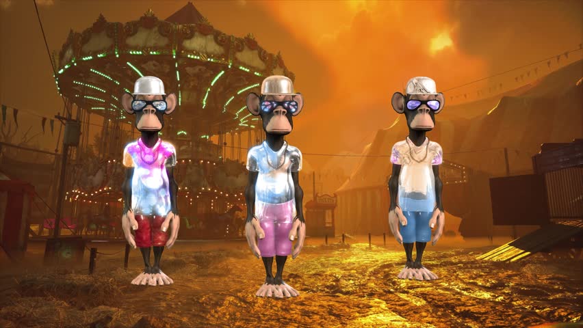 A photorealistic 3D CGI group of Cartoon Monkey Characters, dressed in streetwear and hats, performing a dynamic Dance sequence. The background is a Post-Apocalyptic, desert or orange-toned ruin scene. Captured at 60fps for smooth slow motion VFX. Ideal for gaming, music videos, social media, and retro entertainment.