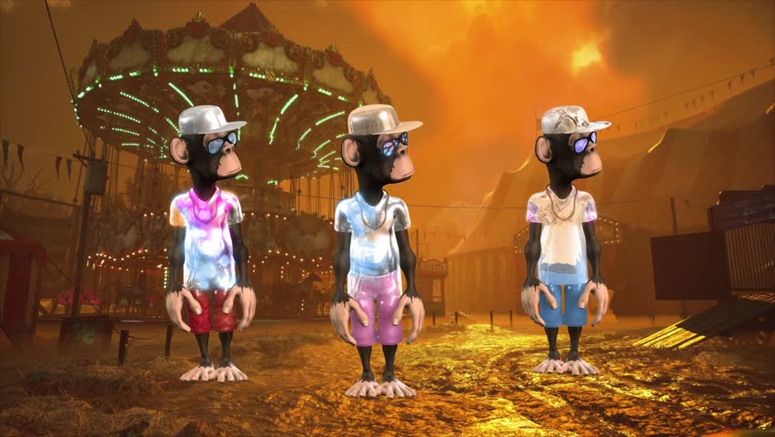 A photorealistic 3D CGI group of Cartoon Monkey Characters, dressed in streetwear and hats, performing a dynamic Dance sequence. The background is a Post-Apocalyptic, desert or orange-toned ruin scene. Captured at 60fps for smooth slow motion VFX. Ideal for gaming, music videos, social media, and retro entertainment.
