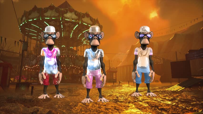 A photorealistic 3D CGI group of Cartoon Monkey Characters, dressed in streetwear and hats, performing a dynamic Dance sequence. The background is a Post-Apocalyptic, desert or orange-toned ruin scene. Captured at 60fps for smooth slow motion VFX. Ideal for gaming, music videos, social media, and retro entertainment.