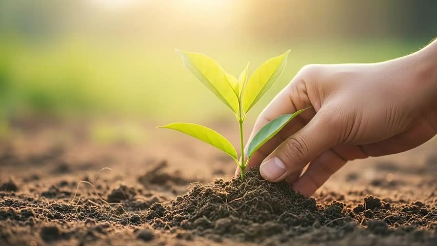 Close-up view of a human hand gently planting a young green seedling into fertile soil in warm morning sunlight. Concept of growth, sustainability, new beginnings, agriculture, environmental care, and eco-friendly lifestyle. Ideal for themes of nature, planting, farming, hope, and future development.