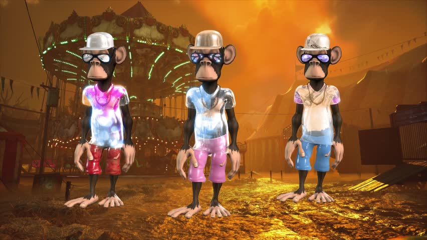 A photorealistic 3D CGI group of Cartoon Monkey Characters, dressed in streetwear and hats, performing a dynamic Dance sequence. The background is a Post-Apocalyptic, desert or orange-toned ruin scene. Captured at 60fps for smooth slow motion VFX. Ideal for gaming, music videos, social media, and retro entertainment.