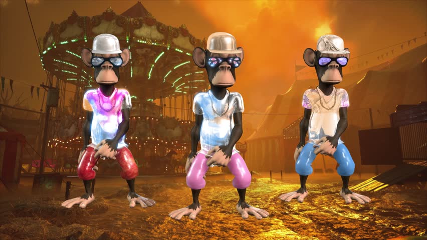 A photorealistic 3D CGI group of Cartoon Monkey Characters, dressed in streetwear and hats, performing a dynamic Dance sequence. The background is a Post-Apocalyptic, desert or orange-toned ruin scene. Captured at 60fps for smooth slow motion VFX. Ideal for gaming, music videos, social media, and retro entertainment.