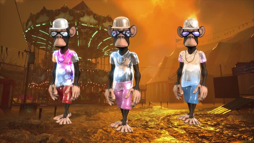 A photorealistic 3D CGI group of Cartoon Monkey Characters, dressed in streetwear and hats, performing a dynamic Dance sequence. The background is a Post-Apocalyptic, desert or orange-toned ruin scene. Captured at 60fps for smooth slow motion VFX. Ideal for gaming, music videos, social media, and retro entertainment.