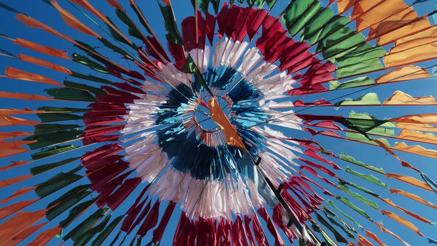 Circular Canopy Of Colorful Tibetan Prayer Flags Fluttering Against Clear Blue Sky On Sunny Day. low angle shot