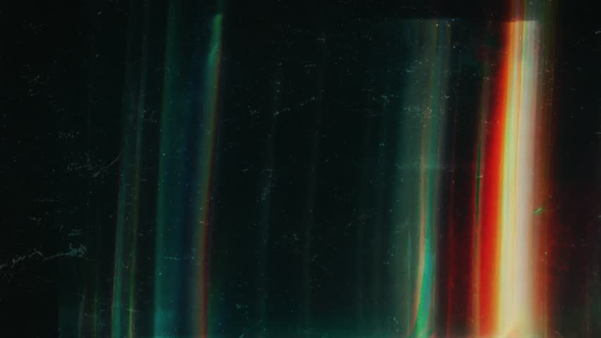 Retro analog light streaks with multicolor vertical glitches, red-green film leaks, distortion marks and grunge texture on dark background