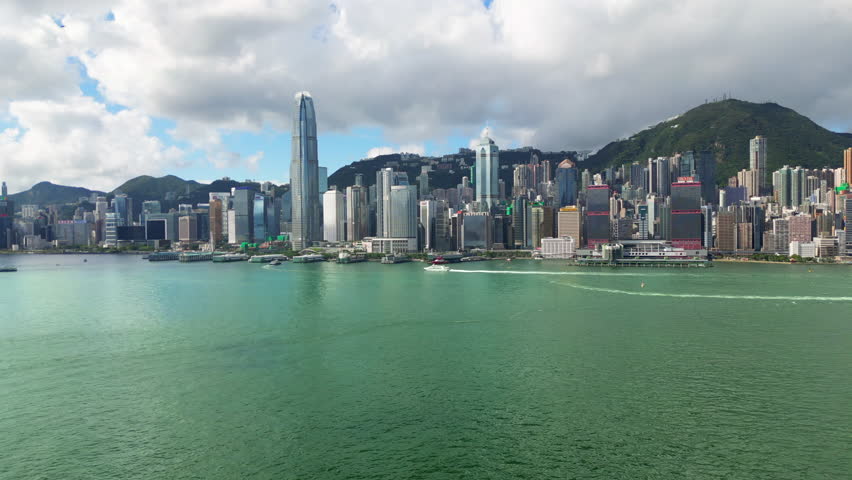 Hong Kong Bay China Cloudy Morning Green Ocean Drone Pan Right 4K 60FPS
