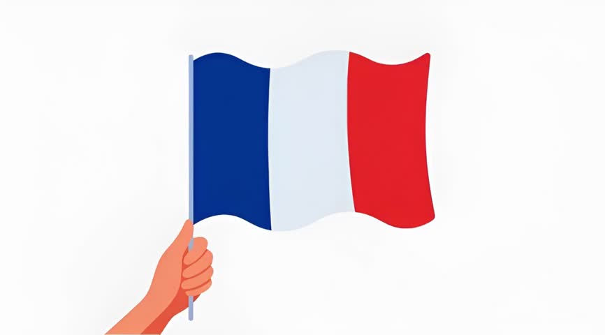 Hand holding and waving the national flag of France, blue white and red tricolour symbol for European holidays