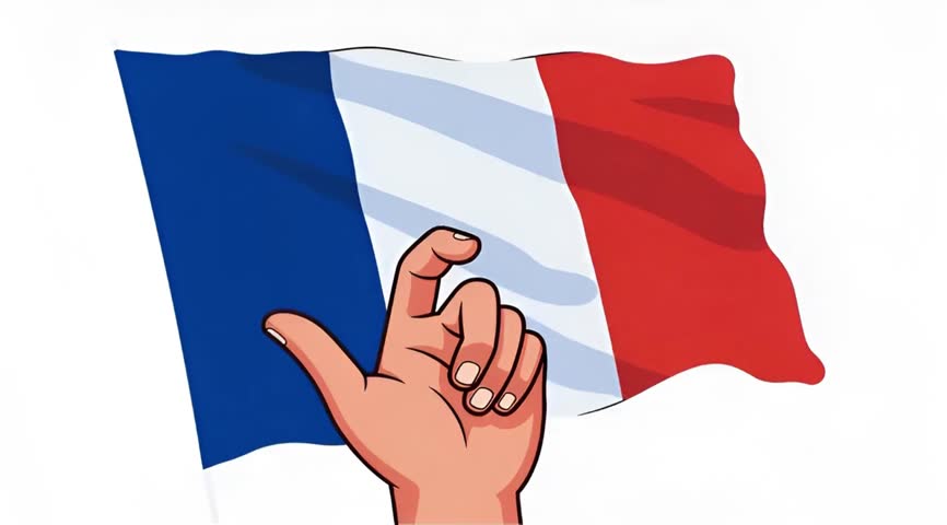 A 3D hand waving the French Tricolour flag, representing France, Paris, and European culture.