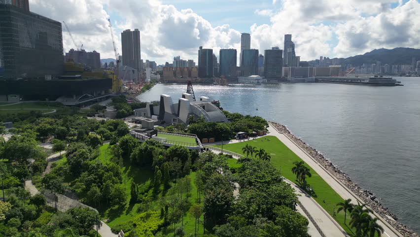 West Kowloon Art Park Hong Kong China Drone Pull Back Sunny Morning 4K 60FPS