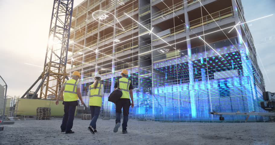 Construction Engineers Walk to a High Rise While Augmented Reality Light Lines Graphics Build the Structure, Projecting Digital Building Data, Smart Architecture, Modern Construction Digitalization