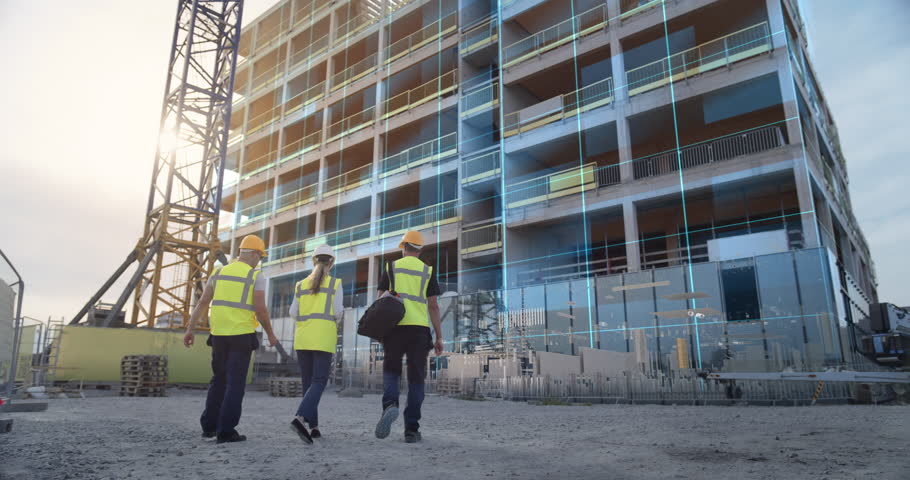 Three Construction Specialists, Rising Office Building, Augmented Reality Lines and Vfx Graphics Reveal the Finished Facade, Digital Twin Visualization, Data Driven Smart Building Construction