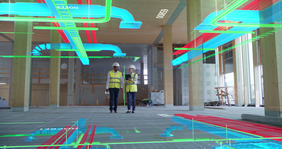 Engineer and Engineer Walk Through a Construction Interior While Augmented Reality Graphics Show Hvac Paths, Mep Systems, Bim Layers, and Digital Twin Data, Immersive Smart Building