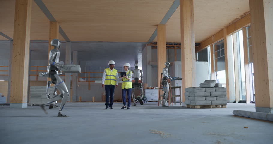 On Building Construction Site Humanoid Robots Collaborate With Engineers. AI Construction Work, Autonomous Material Handling, Advanced Building Automation, Active Development, Algorithmic Optimization
