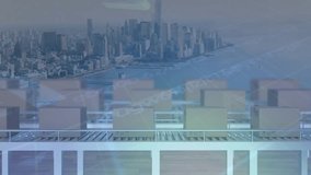 Animation of financial data processing over boxes on conveyor belts and cityscape. global shipping, delivery and connections concept digitally generated video. - Powered by Shutterstock - Get 15% off with code: PIKWIZARD15