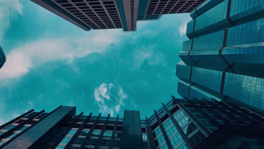tall skyscrapers buildings looking up perspective, downtown district modern architecture of steel and glass, skyline of big city, low angle look-up view 4k