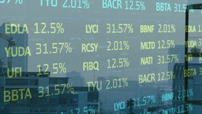 Animation of data processing with globe and stock market over cityscape. Global business, finances and digital interface concept digitally generated video. - Powered by Shutterstock - Get 15% off with code: PIKWIZARD15