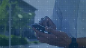 Animation of data processing over person using smartphone. Global connections, finances, data processing and digital interface concept digitally generated video. - Powered by Shutterstock - Get 15% off with code: PIKWIZARD15