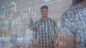 Animation of digital charts and graphs moving in loop over portrait of caucasian smiling couple. Digital composite, multiple exposure, database, business, love, togetherness and holiday concept. - Powered by Shutterstock - Get 15% off with code: PIKWIZARD15