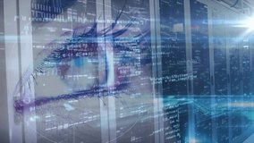Animation of red diamonds and lights over servers and eye of caucasian woman. Computers, network, data processing and technology concept digitally generated video. - Powered by Shutterstock - Get 15% off with code: PIKWIZARD15