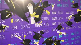 Animation of data processing over graduate hats. Global education and digital interface concept digitally generated video. - Powered by Shutterstock - Get 15% off with code: PIKWIZARD15