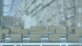 Animation of financial data processing over cardboard boxes on conveyor belts. Global business, finances, shipping and data processing concept digitally generated video. - Powered by Shutterstock - Get 15% off with code: PIKWIZARD15