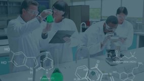 Animation of data processing and chemical formula over diverse scientists in lab. Global science, computing and digital interface concept digitally generated video. - Powered by Shutterstock - Get 15% off with code: PIKWIZARD15