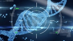 Animation of scope scanning over spinning dna structure and data processing on blue background. Medical research and science technology concept - Powered by Shutterstock - Get 15% off with code: PIKWIZARD15