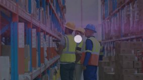 Animation of icons connected with lines, lens flare over coworkers discussing in warehouse. Digital composite, multiple exposure, programming language, distribution and technology concept. - Powered by Shutterstock - Get 15% off with code: PIKWIZARD15