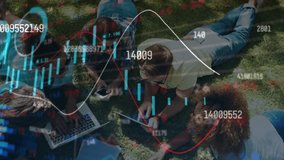Group of friends using laptop, mobile phone and digital tablet in park. Animation of financial data processing. Global business, finances, digital interface and connections concept digitally generated - Powered by Shutterstock - Get 15% off with code: PIKWIZARD15