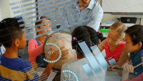 Animation of data processing over diverse male teacher and schoolchildren studying globe. Data, digital interface, education, connection, school and communication, digitally generated video. - Powered by Shutterstock - Get 15% off with code: PIKWIZARD15
